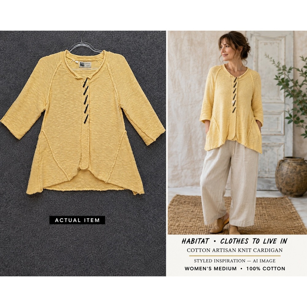 Habitat Clothes to Live In Knit Top Women M Yellow Excellent Toggle Art to Wear